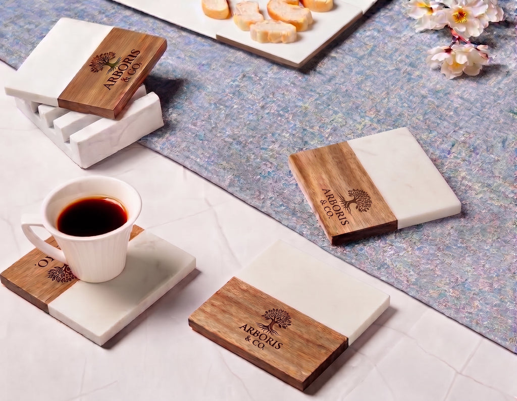 Marble and Wood Coaster Set with Stand