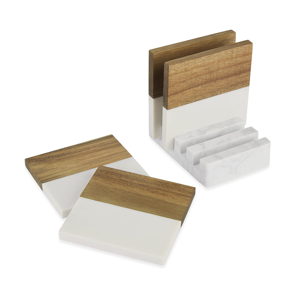 Marble and Wood Coaster Set with Stand
